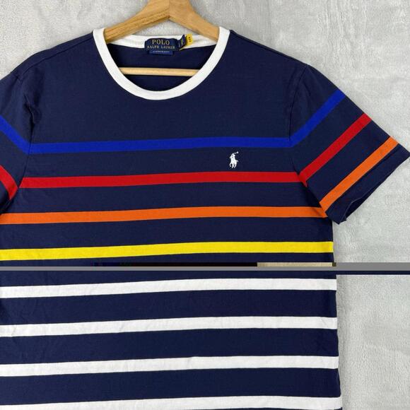 Polo Ralph Lauren Striped T Shirt Navy Multicolor Pony Logo Custom Slim Mem sz M - Picture 9 of 9